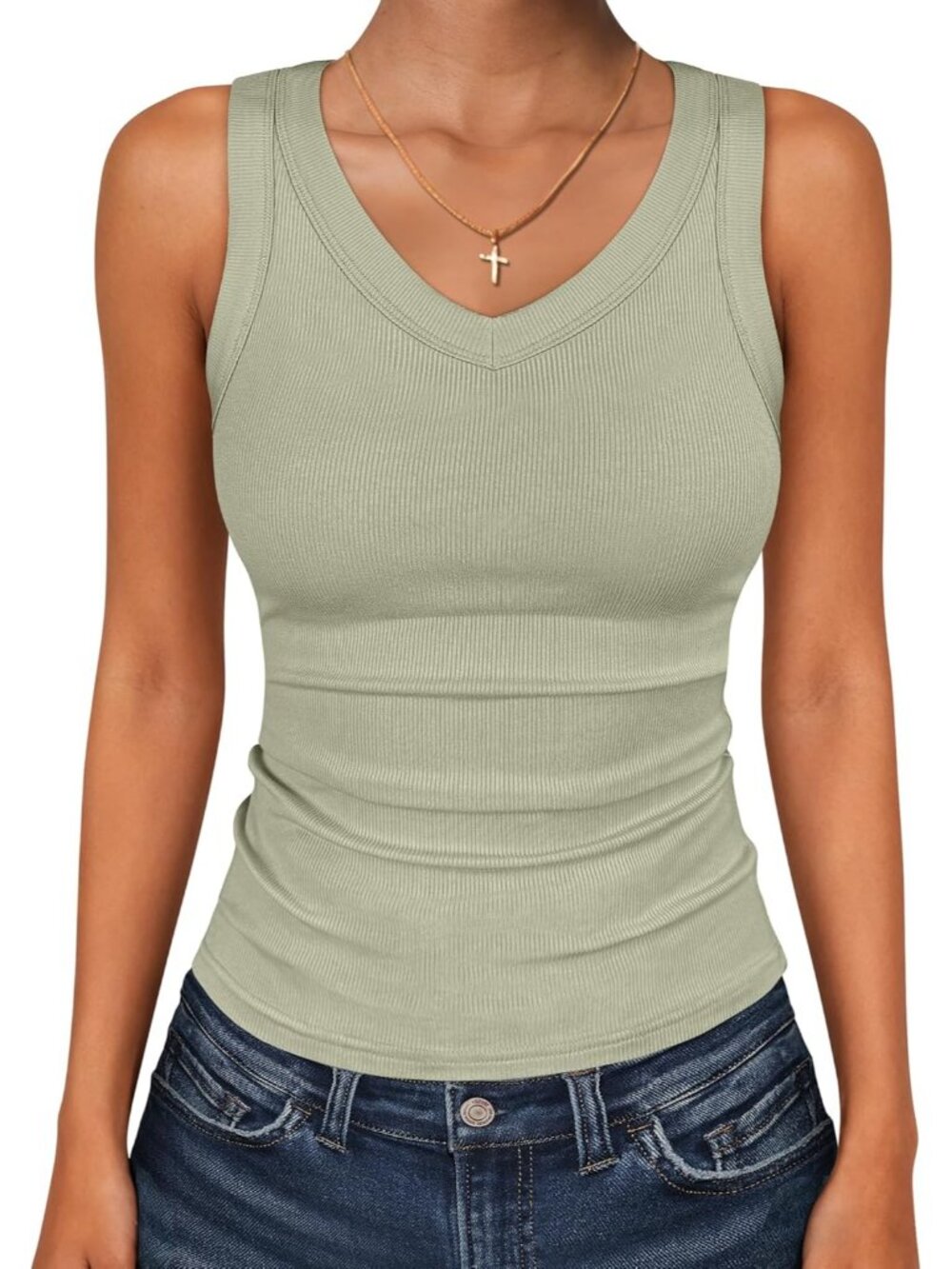 Women's Olive V-neck Ribbed Knit Slim Fitted Sleeveless Summer Tank Top